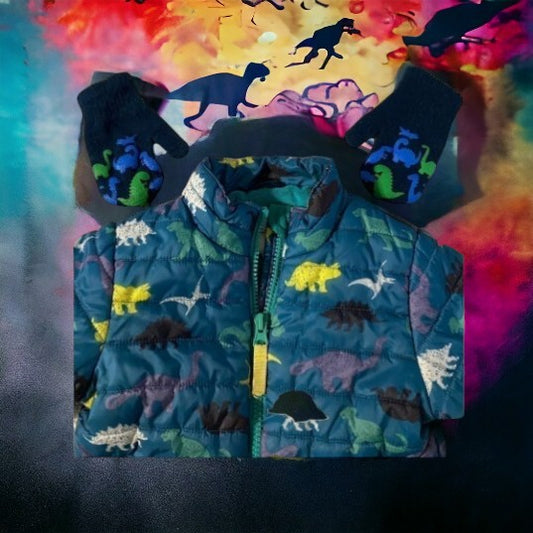 Cat & Jack Girl’s Colorful Dinosaur Design Coat & Mittens