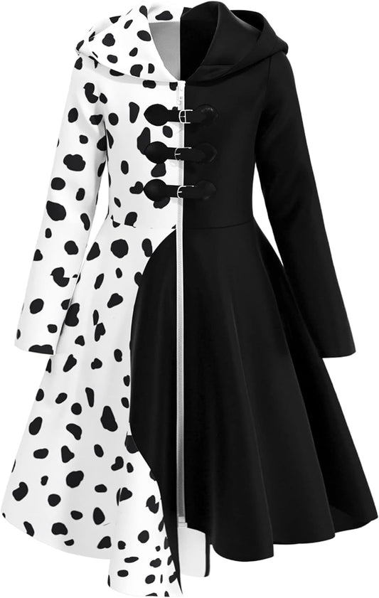 Your little princess will embrace Halloween in this colorful Dalmatian print costume