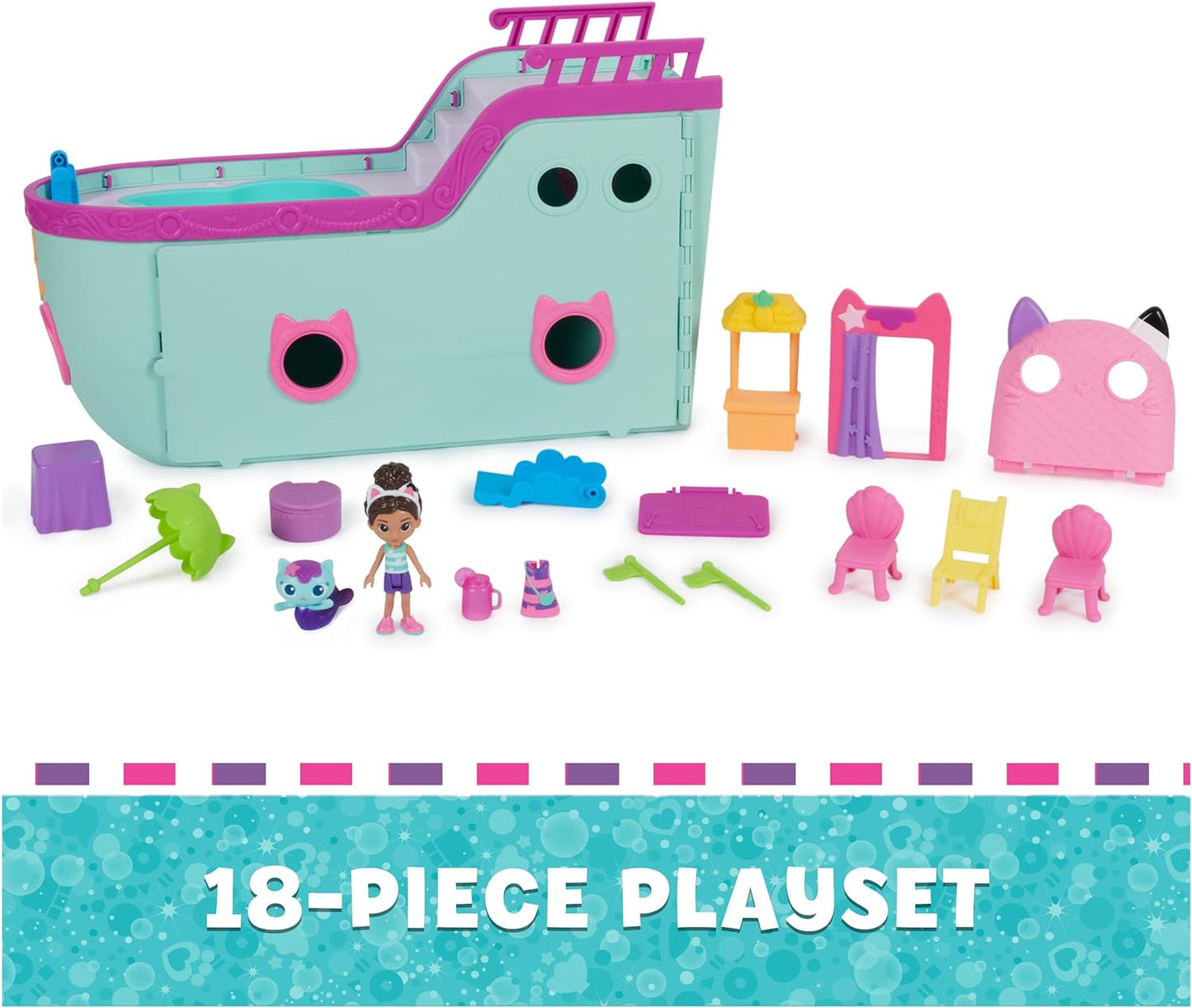This impressive 18-piece playset comes with a swimming pool complete with a smoothie bar, a disco area with a light-up disco ball, and a photo booth