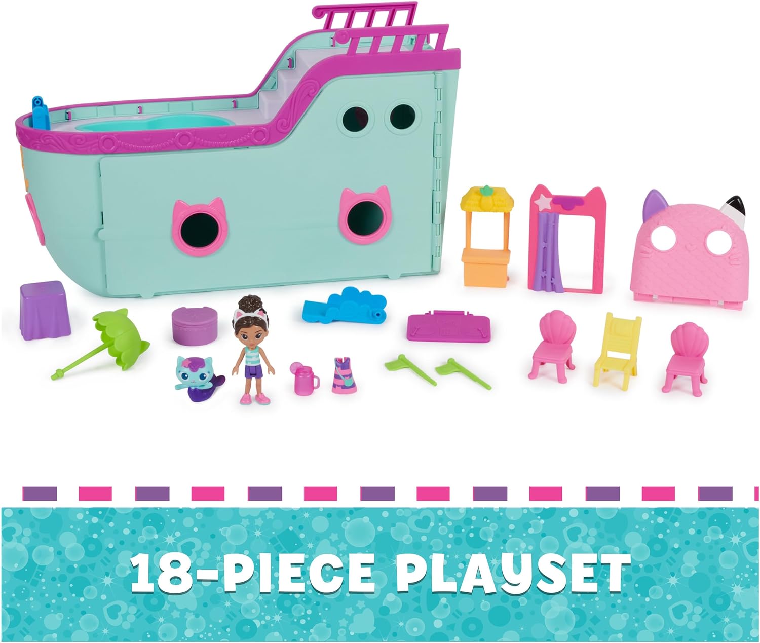 This impressive 18-piece playset comes with a swimming pool complete with a smoothie bar, a disco area with a light-up disco ball, and a photo booth