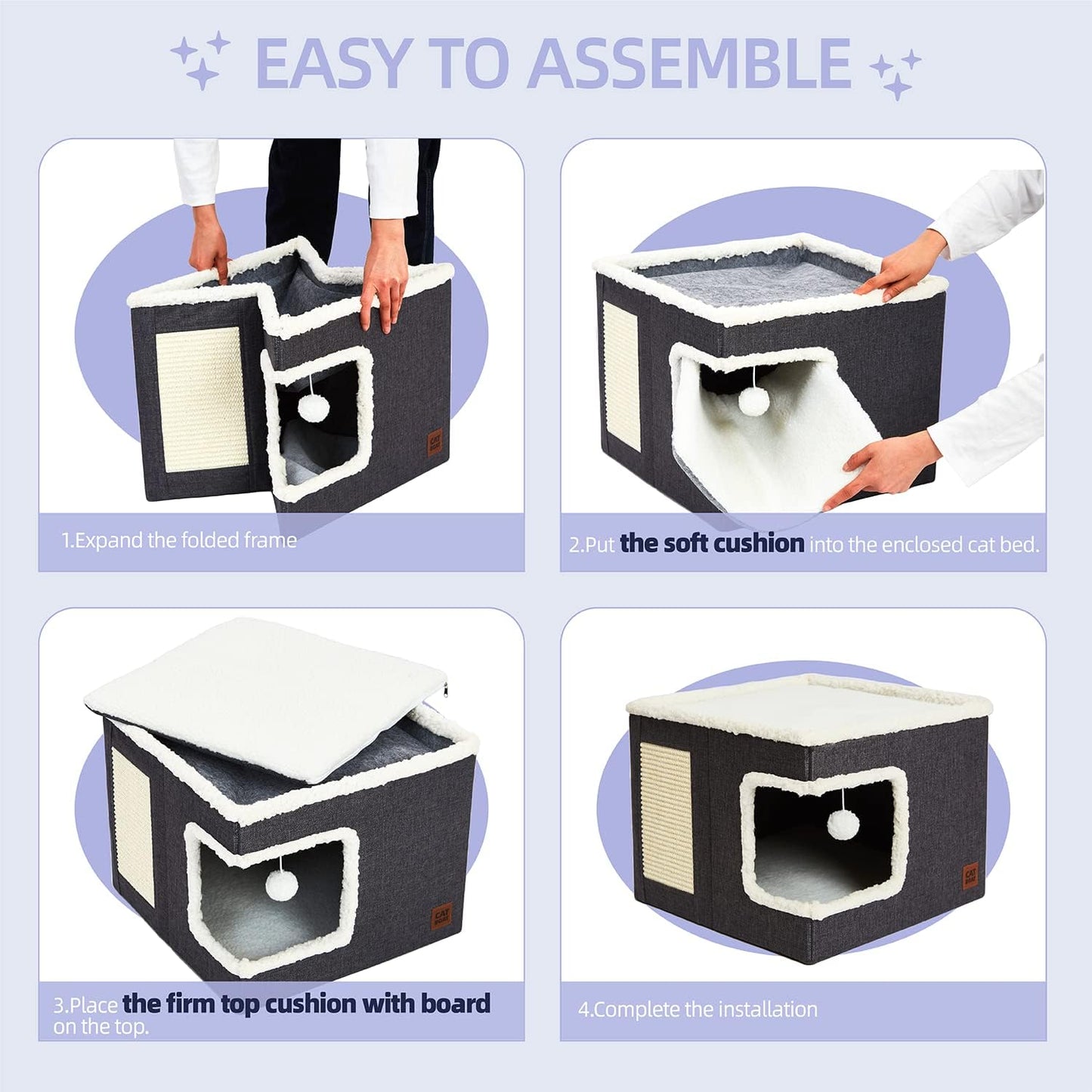 This Cat Cave Bed features a unique design with a double-sided opening, scratch pad and hideaway tent