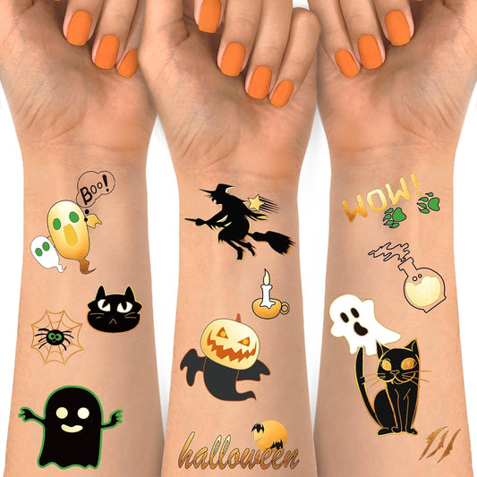 Get ready for Halloween with 125+ cute and colorful temporary tattoos featuring popular Halloween elements like pumpkins, bats, cats, ghosts, witches, skulls, and graves