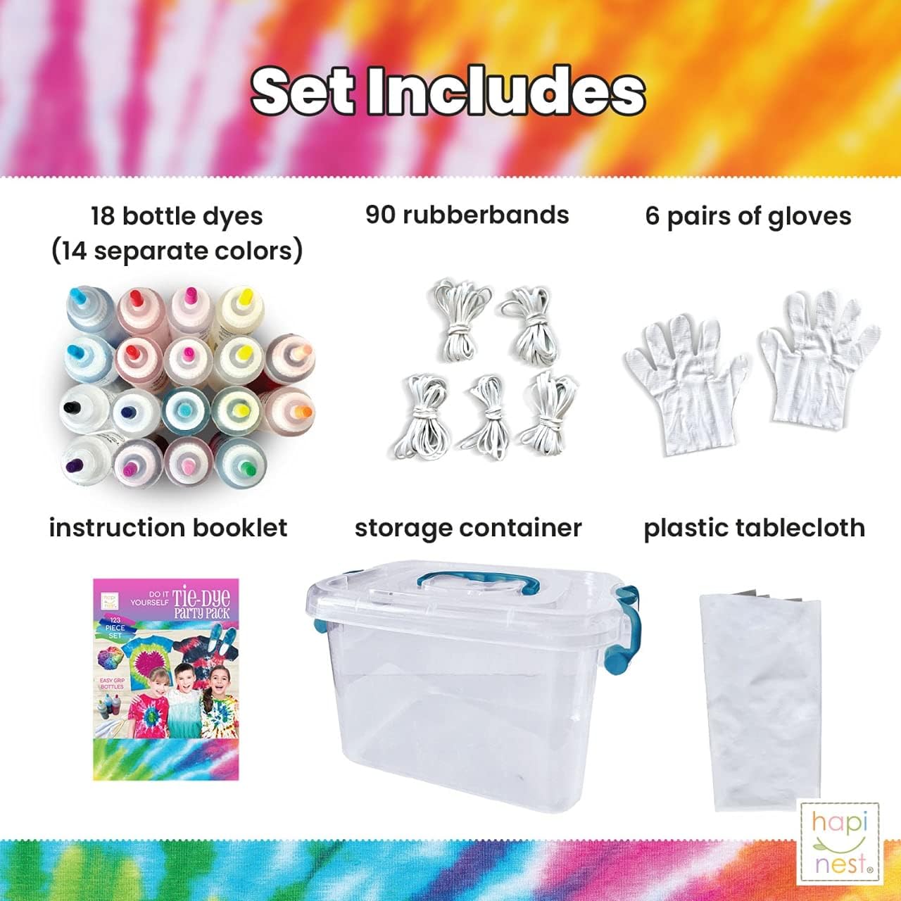 The Hapinest Tie Dye Party Kit includes everything you need to create tie dye projects with 14 vibrant colors and easy-to-follow instructions