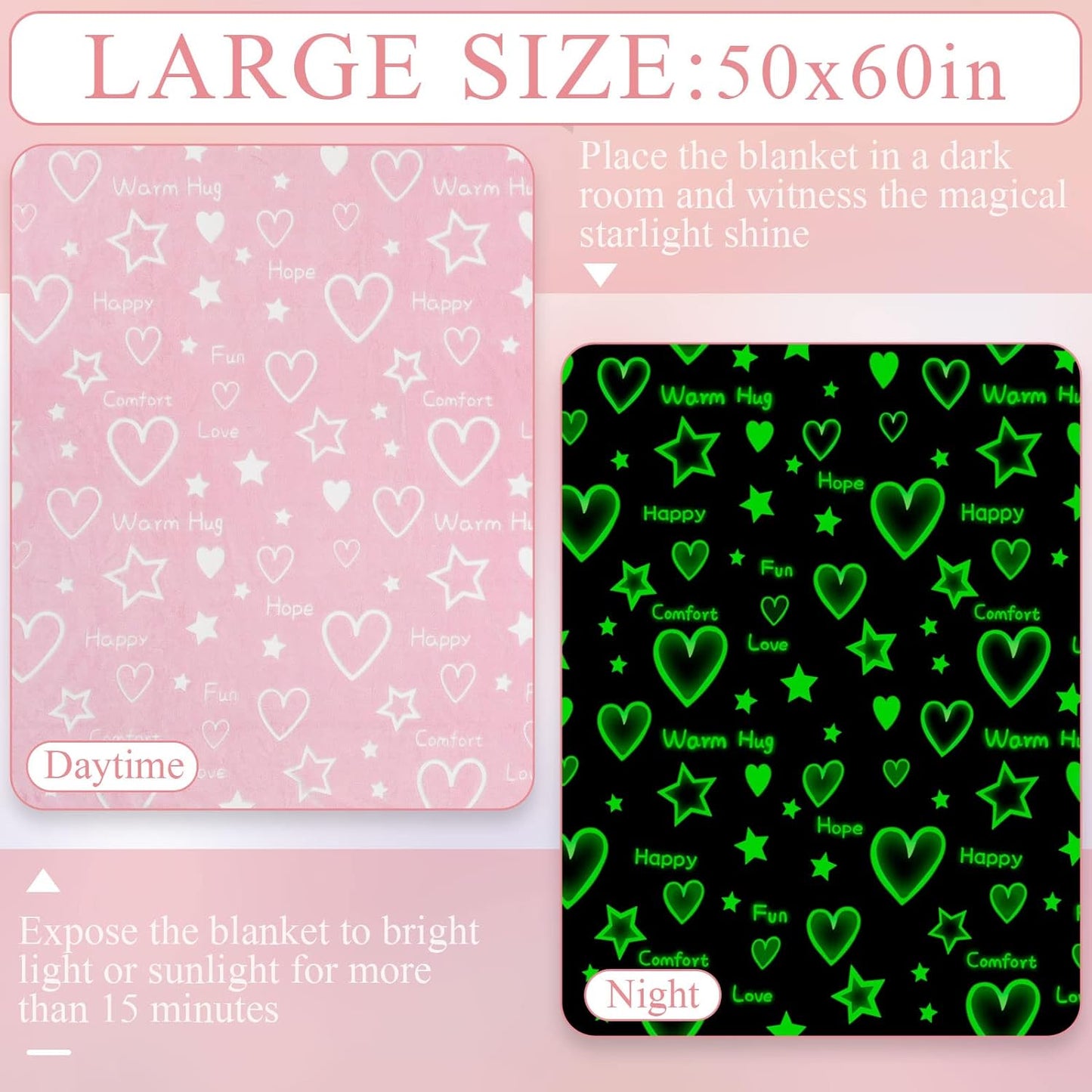 The Glow in the Dark Soft Heart Shapes Blanket is perfect for kids and teens, with a cute pattern of stars and love hearts that can glow
