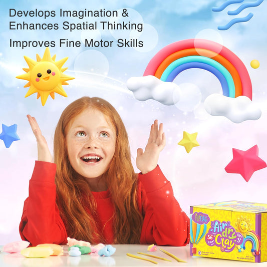 This air dry modeling clay is designed to foster creativity and boost self-confidence in children of all skill levels.
36 Colors, Soft & Ultra Light
With a smooth texture and softness, it allows both novice and expert sculptors to excel.
Not only does it come in a variety of colors, but it also helps kids develop color and shape recognition, as well as the art of mixing and matching.
Made from high-quality materials, this clay is durable, flexible, and non-greasy, ensuring long-lasting creations without