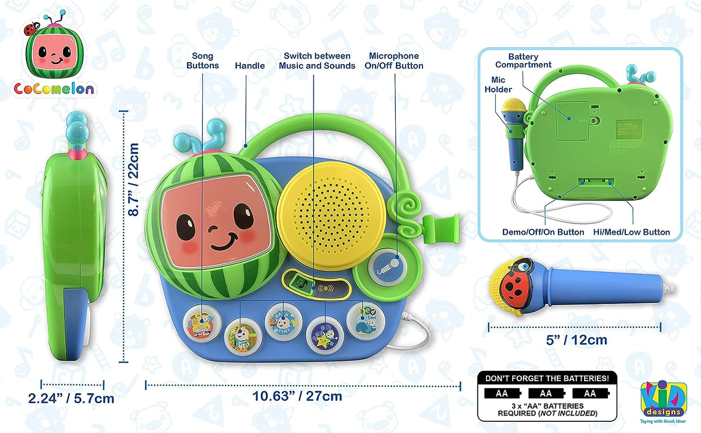 Cocomelon Singalong Boombox with Microphone, Built-in Music and Flashing Lights