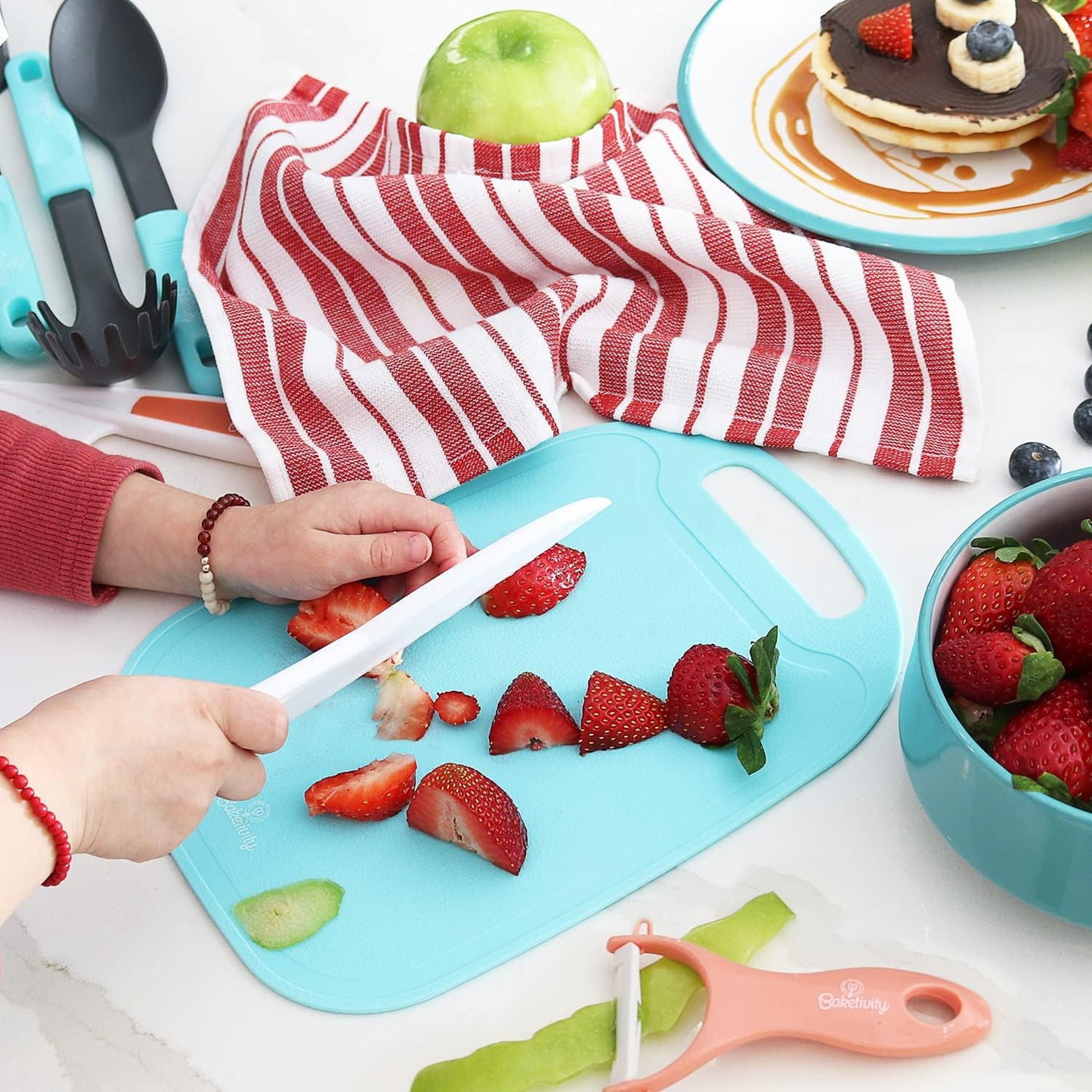 Kid Safe Cutting Board, Peeler, Plastic Kids Knife Set