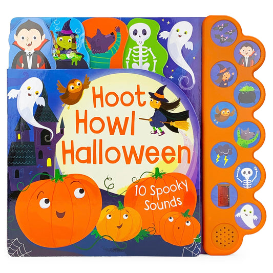 Halloween-themed children's book with sound buttons on a white background