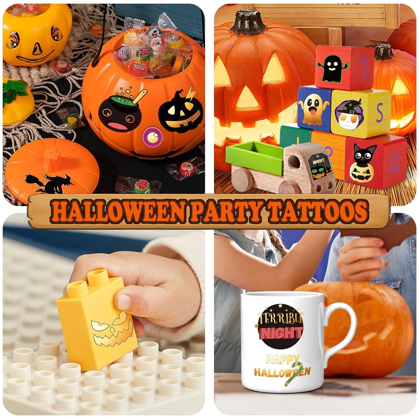 Get ready for Halloween with 125+ cute and colorful temporary tattoos featuring popular Halloween elements like pumpkins, bats, cats, ghosts, witches, skulls, and graves