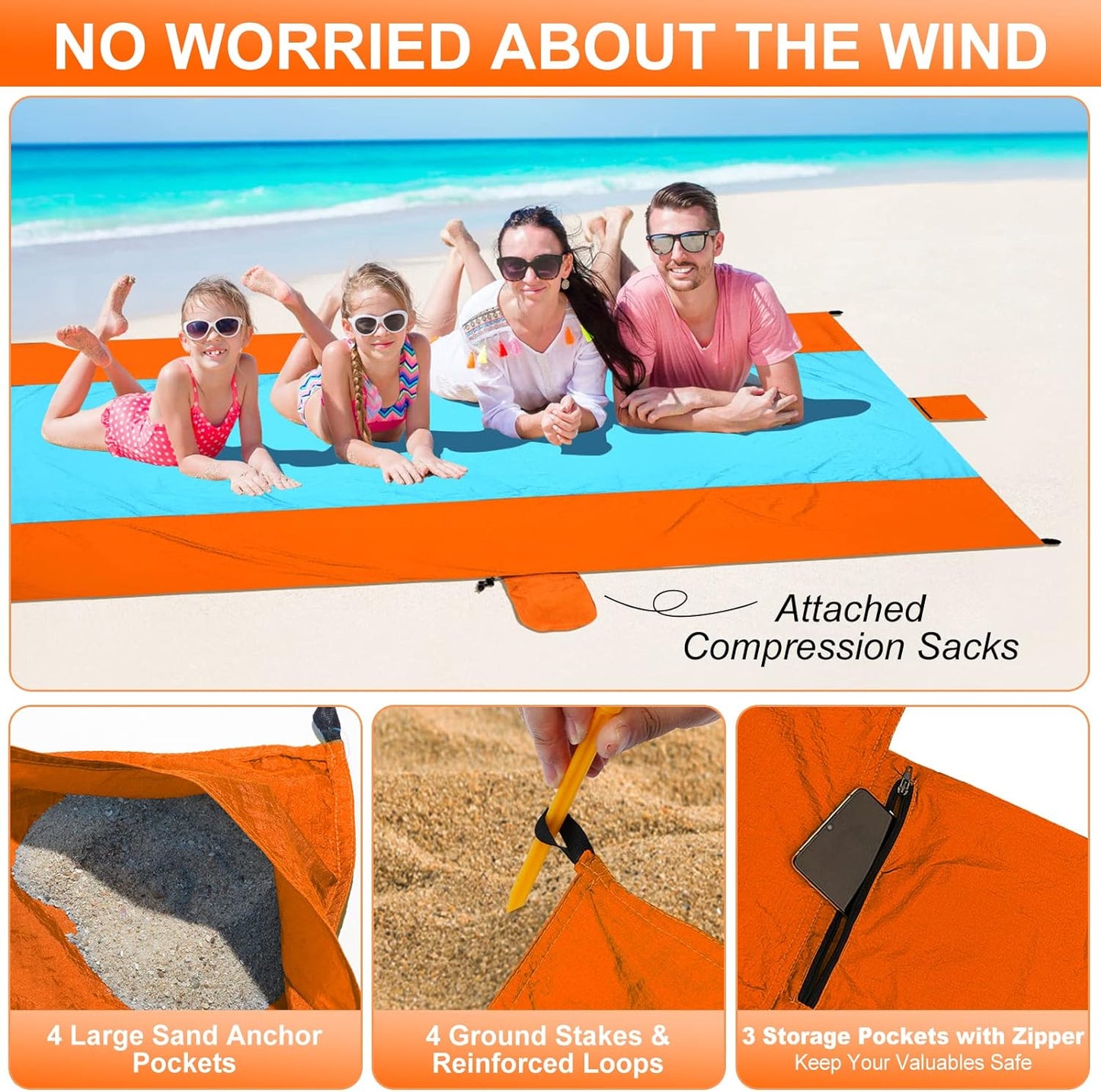 Oversized beach blanket that is wind-resistant, sand proof and water-resistant