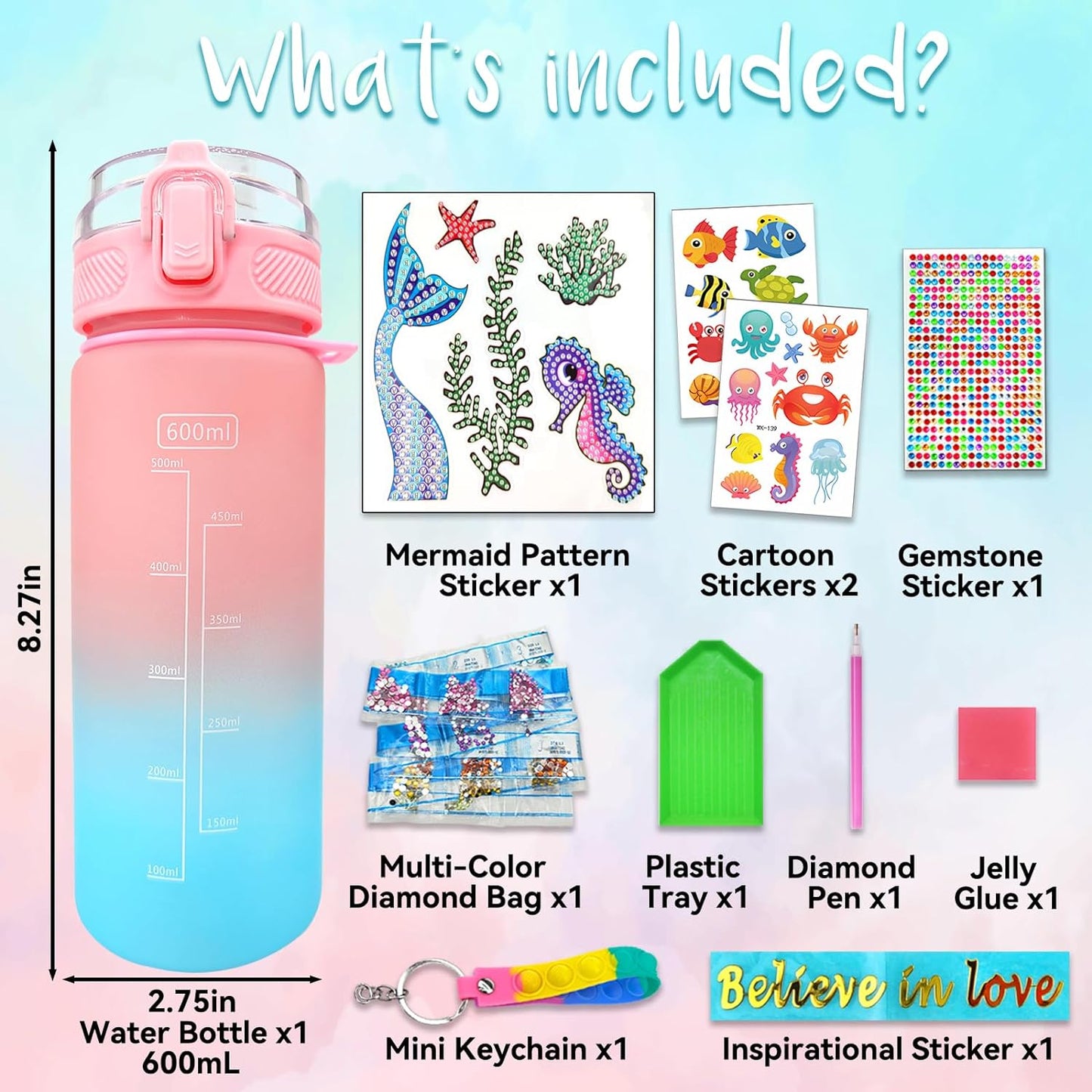 DIY water bottle kits feature themes that little girls love, including unicorns and mermaids
