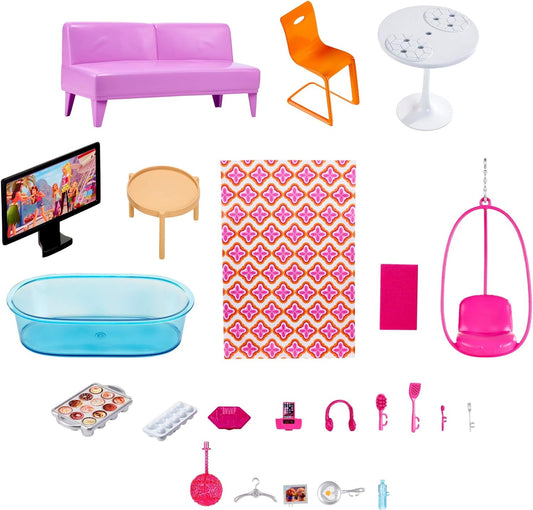 This Barbie doll townhouse boasts three levels of play space and fun