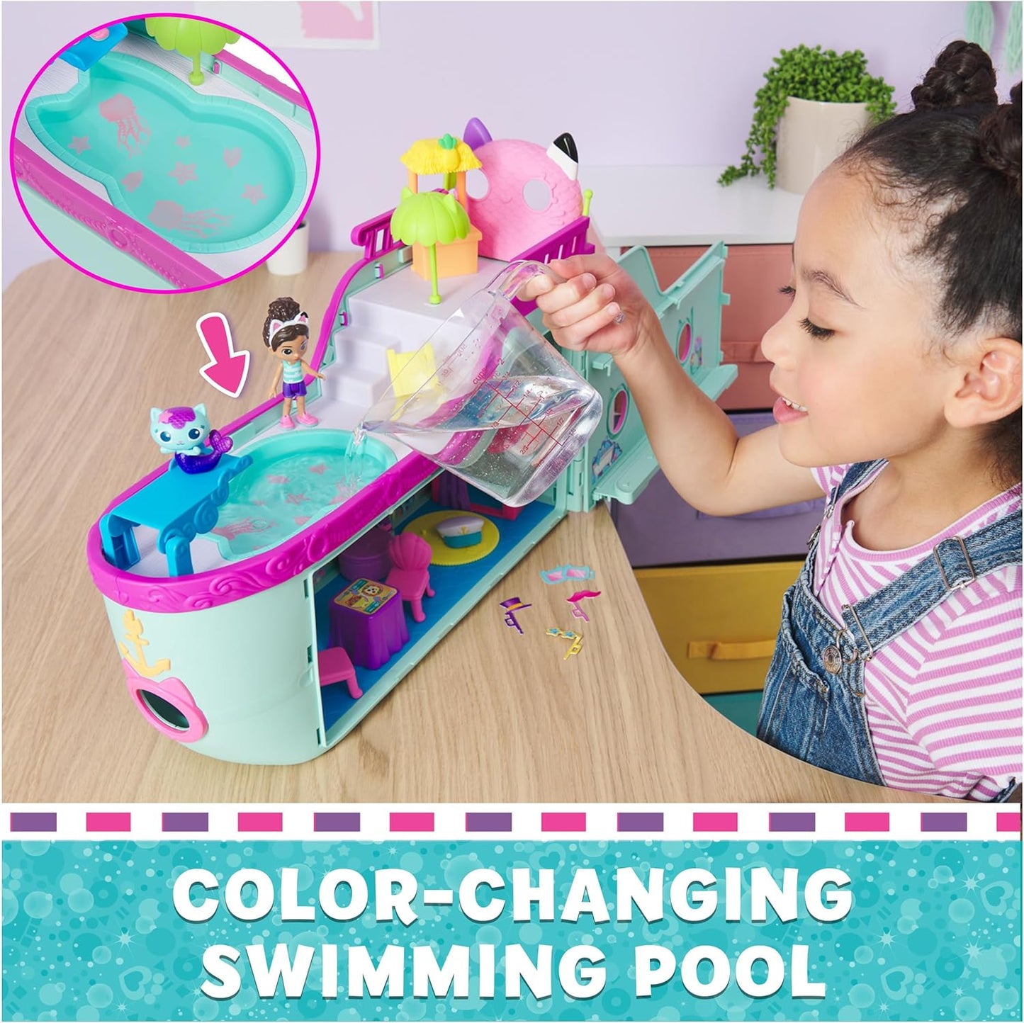 This impressive 18-piece playset comes with a swimming pool complete with a smoothie bar, a disco area with a light-up disco ball, and a photo booth