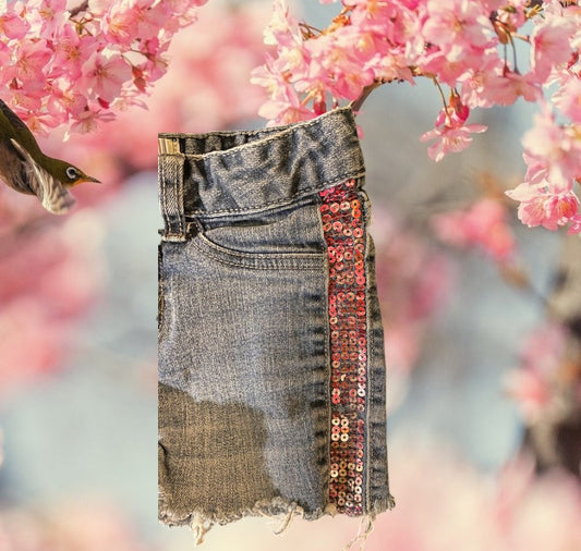 Get your girl ready for warmer weather with our cool Piper sequin denim frayed shorts