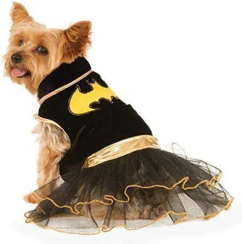 Batgirl pet costume features a Black and Gold tutu dress with the bat symbol