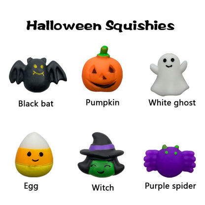 Set of Halloween-themed squishies with labels on a white background