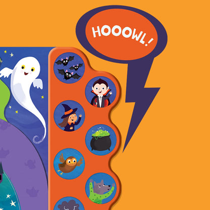 Halloween-themed board game with ghost, bat, witch, and other characters on an orange background.