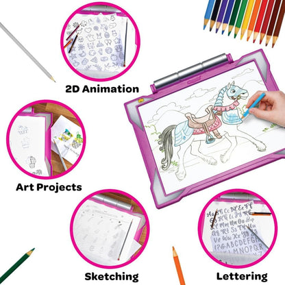 Draw like a pro with the Crayola Light-Up Tracing Pad in pink, complete with 35+ art tools.