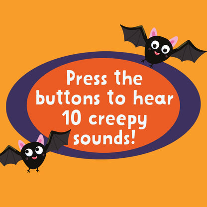 Halloween-themed button with cartoon bats and text on an orange background