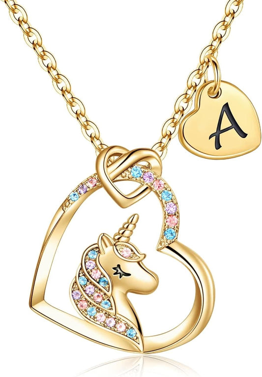 14K Gold Plated Colorful CZ Unicorn Necklace Initial A