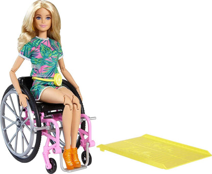 This Barbie doll comes with a wheelchair that has rolling wheels