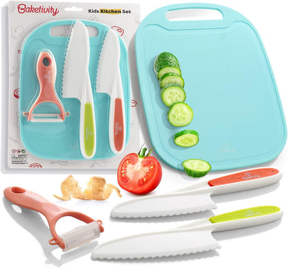 Kid Safe Cutting Board, Peeler, Plastic Kids Knife Set