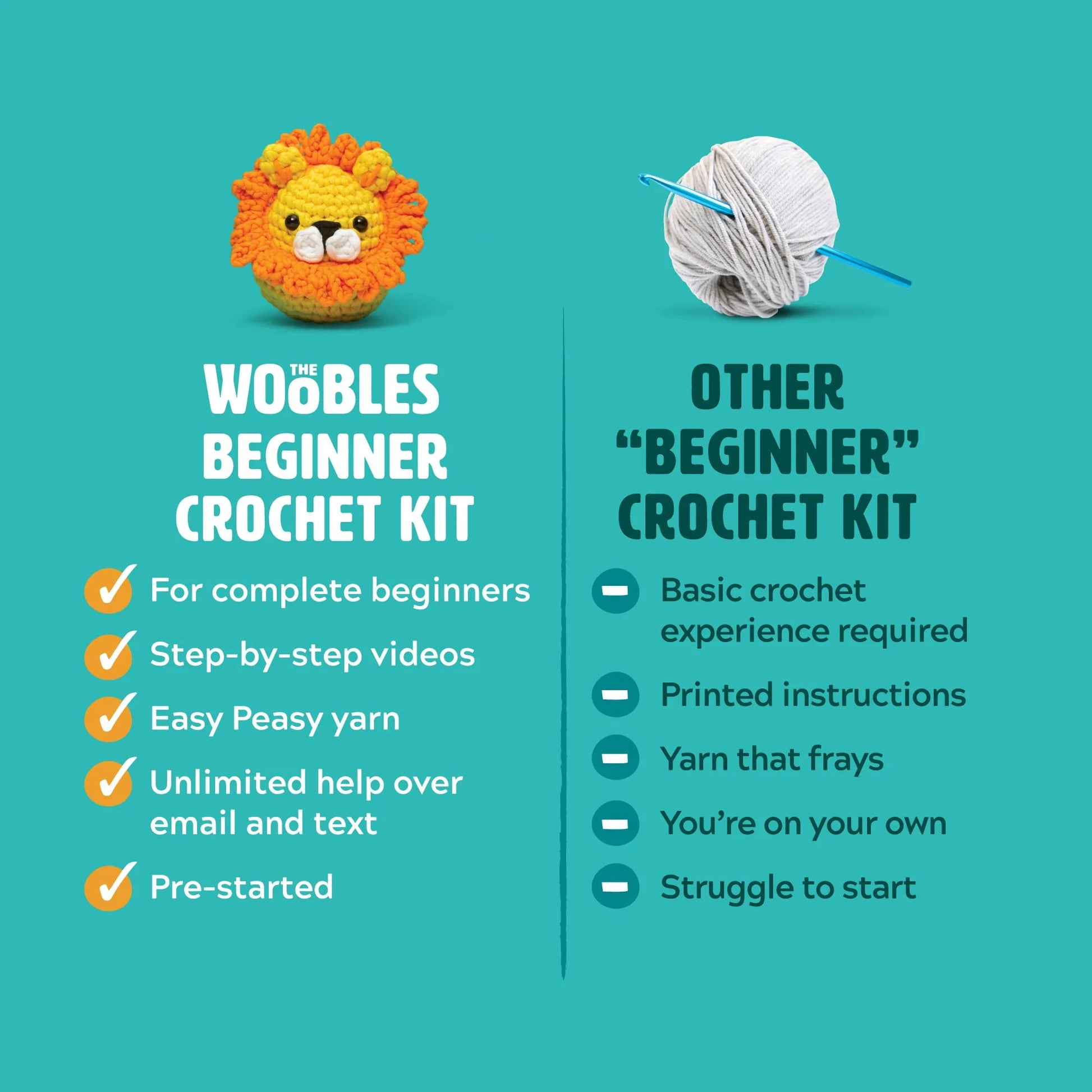 Learn crochet with our DIY kits! They make it easy for beginners to create adorable Woobles plushies