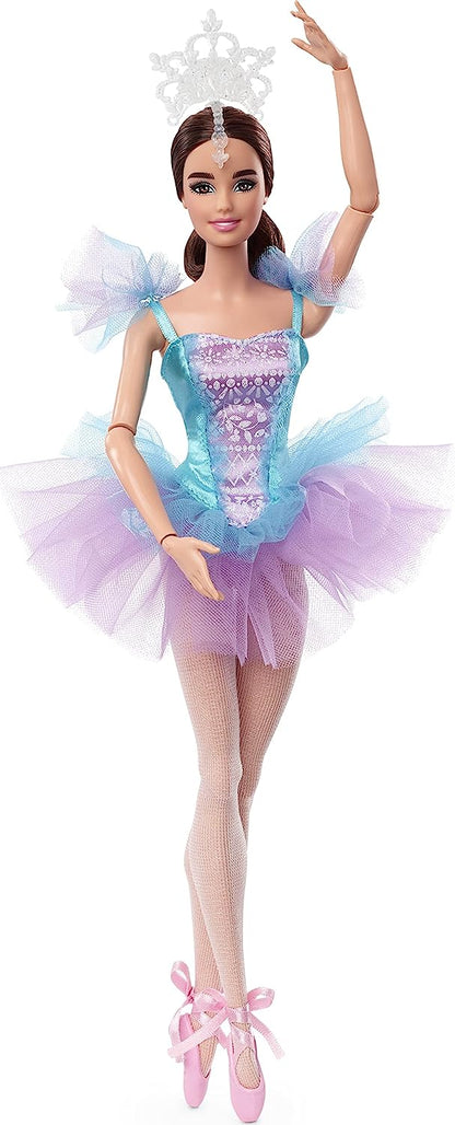 This collectible Barbie doll comes in a stunning satiny ballerina costume, complete with a multi-layered tulle tutu skirt