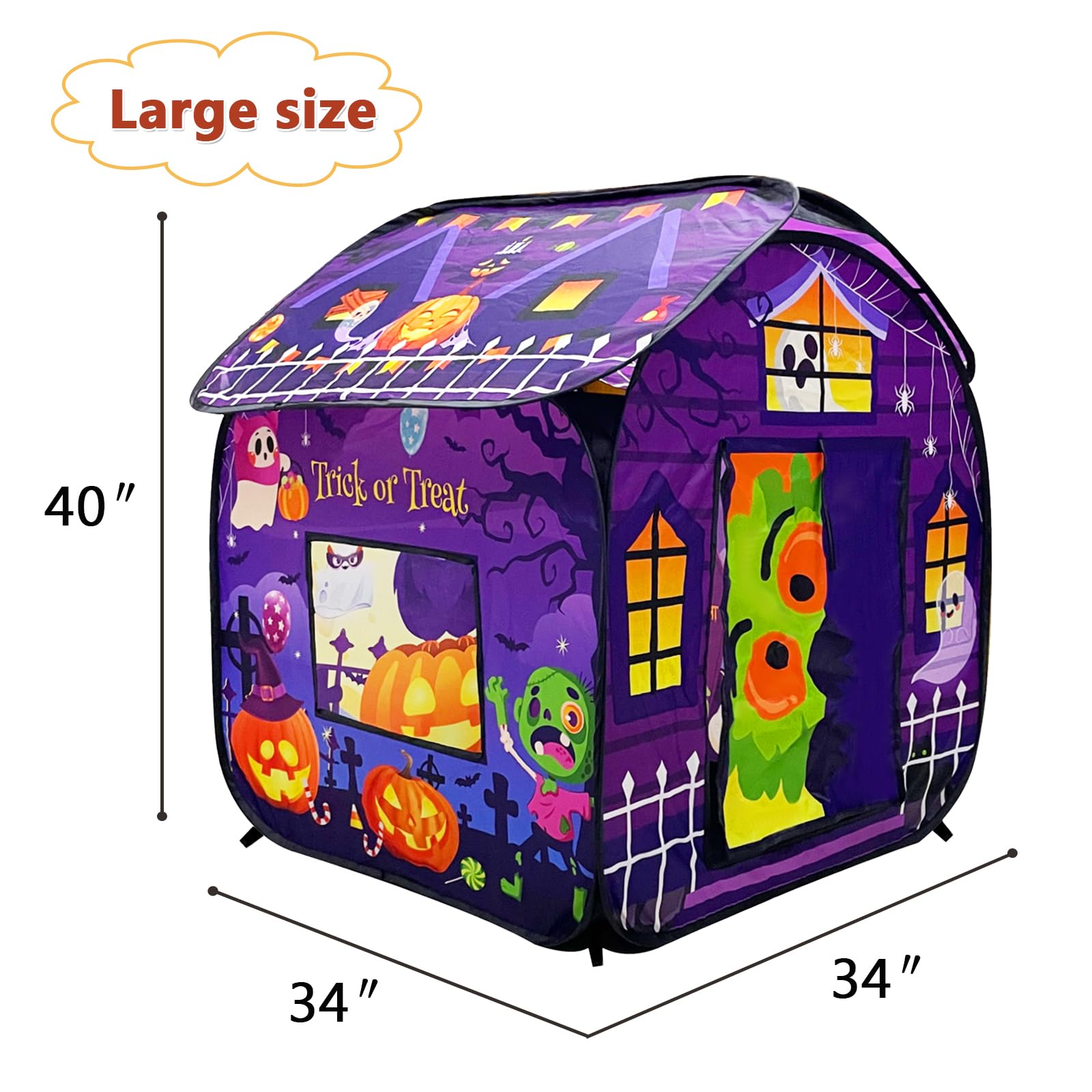 The play tent features fun Halloween elements to enhance the atmosphere and is made of safe, durable, and wrinkle-resistant materials