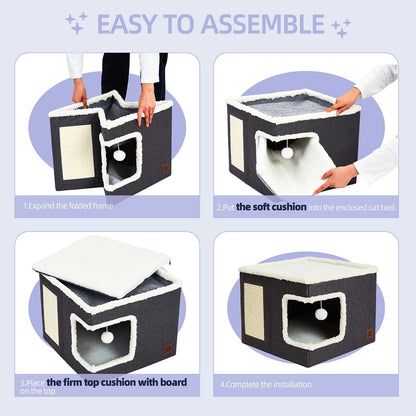 This Cat Cave Bed features a unique design with a double-sided opening, scratch pad and hideaway tent