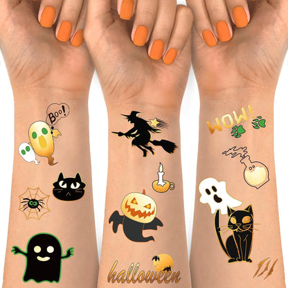 Get ready for Halloween with 125+ cute and colorful temporary tattoos featuring popular Halloween elements like pumpkins, bats, cats, ghosts, witches, skulls, and graves