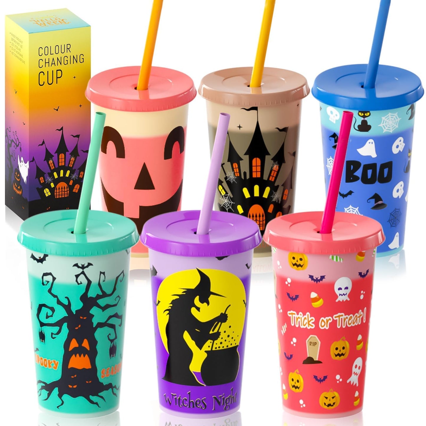 Halloween color changing cups with lids and straws, featuring spooky designs for a hauntingly good time!