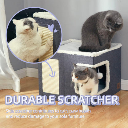 This Cat Cave Bed features a unique design with a double-sided opening, scratch pad and hideaway tent
