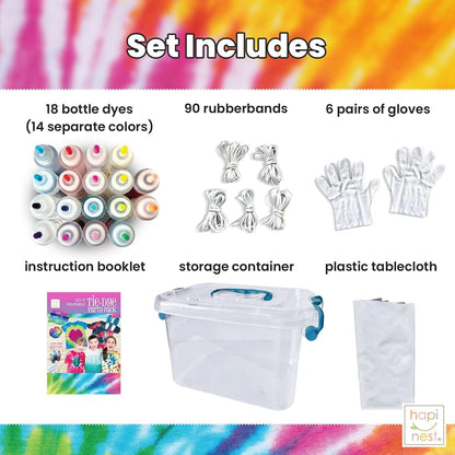 The Hapinest Tie Dye Party Kit includes everything you need to create tie dye projects with 14 vibrant colors and easy-to-follow instructions