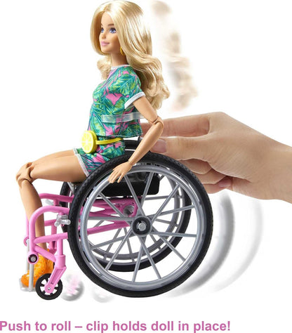 This Barbie doll comes with a wheelchair that has rolling wheels