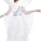 This Starlight Angel Costume dress features a comfortable elastic empire waist and stunning silver foil print sleeves