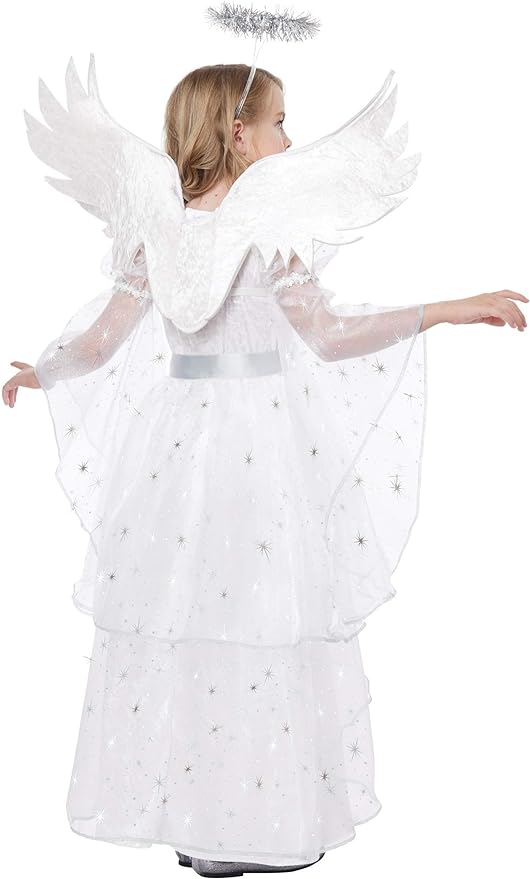 This Starlight Angel Costume dress features a comfortable elastic empire waist and stunning silver foil print sleeves