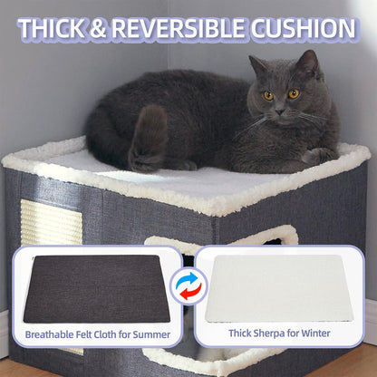 This Cat Cave Bed features a unique design with a double-sided opening, scratch pad and hideaway tent