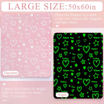 The Glow in the Dark Soft Heart Shapes Blanket is perfect for kids and teens, with a cute pattern of stars and love hearts that can glow