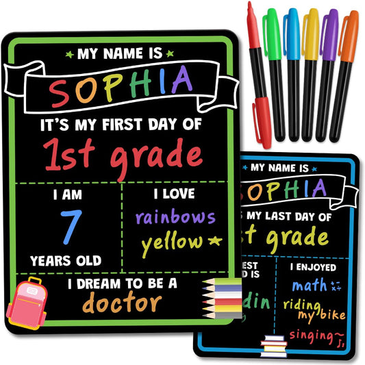 Capturing memories on the first or last day of school with this double-sided chalkboard