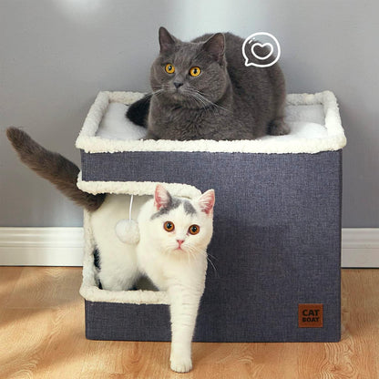 This Cat Cave Bed features a unique design with a double-sided opening, scratch pad and hideaway tent