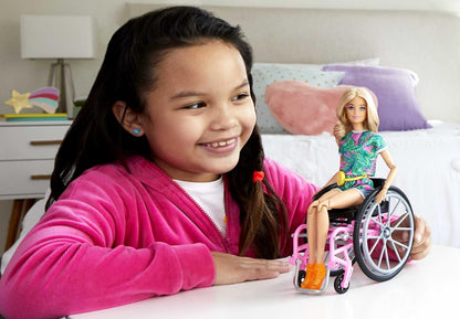 This Barbie doll comes with a wheelchair that has rolling wheels