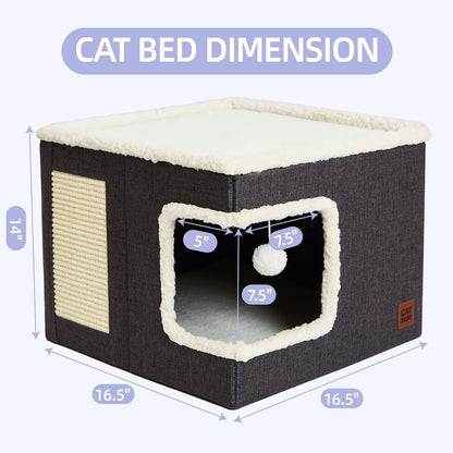 This Cat Cave Bed features a unique design with a double-sided opening, scratch pad and hideaway tent