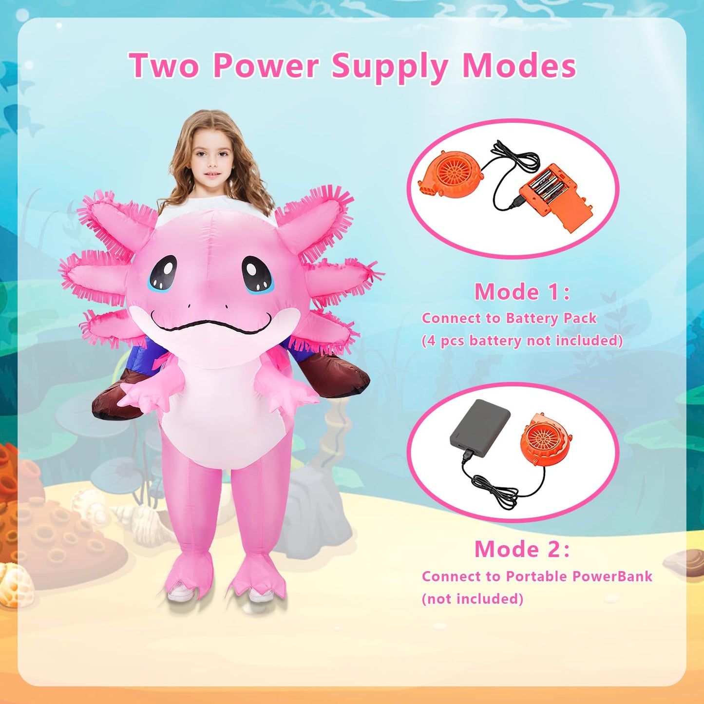 This inflatable costume is perfect for kids who love the unique and beloved axolotl figure.