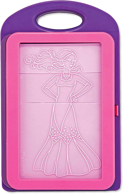 The Melissa & Doug fashion design kit includes everything needed for simple and fun fashion plate rubbings