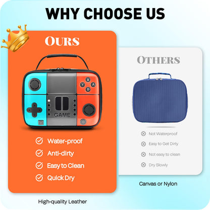 This stylish and durable leather school lunch box features a cool game machine design