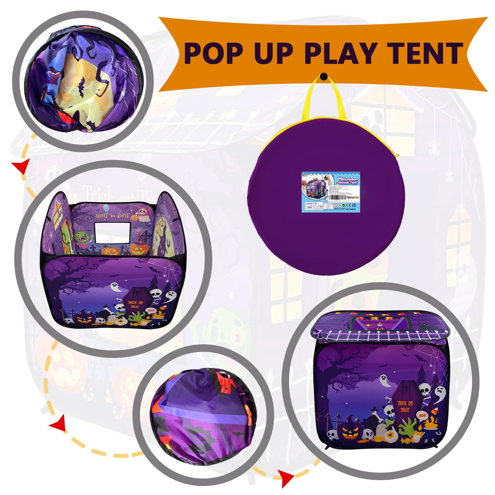 The play tent features fun Halloween elements to enhance the atmosphere and is made of safe, durable, and wrinkle-resistant materials