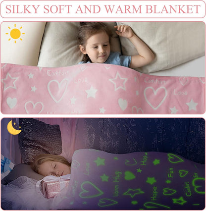 The Glow in the Dark Soft Heart Shapes Blanket is perfect for kids and teens, with a cute pattern of stars and love hearts that can glow