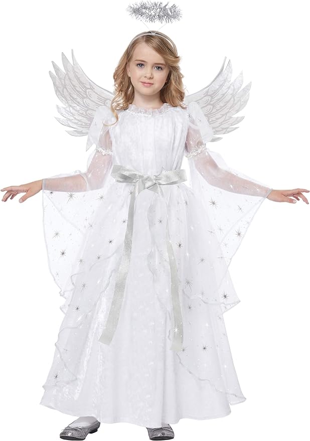 This Starlight Angel Costume dress features a comfortable elastic empire waist and stunning silver foil print sleeves