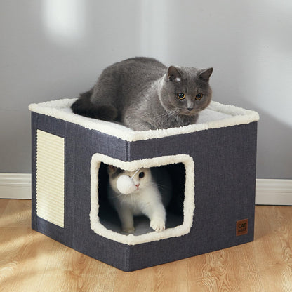 This Cat Cave Bed features a unique design with a double-sided opening, scratch pad and hideaway tent